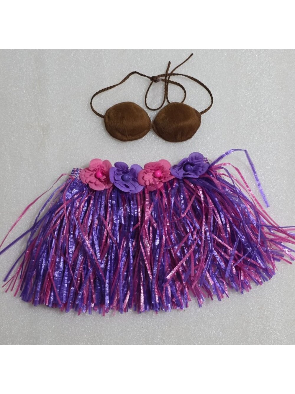 Build a Bear Hula Luau Grass Hawaiian Skirt & Brown Coconut Bra 2pc Outfit